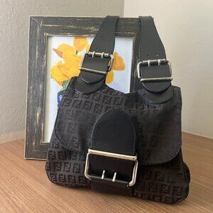 Fendi Black Monogram Jacquard Shoulder Bag with Silver Buckle Hardware